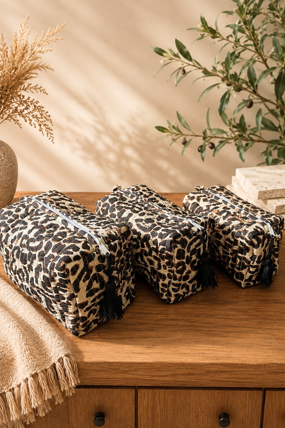 Leopard Print Quilted Cotton Travel Pouches – Set of 3