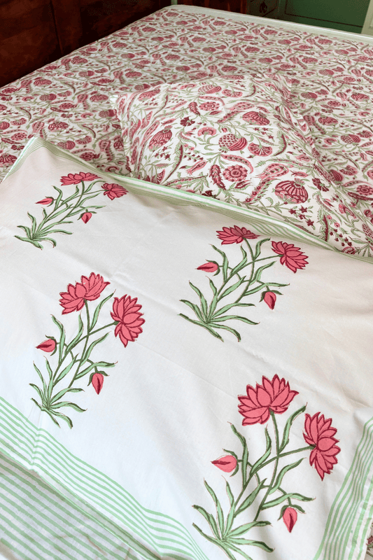 Coral Bloom Handblock Printed Percale Cotton Bedsheet