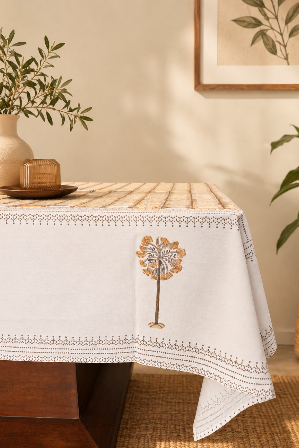 Desert Weave Handblock Printed Cotton Canvas Table Cloth - 6 Seater