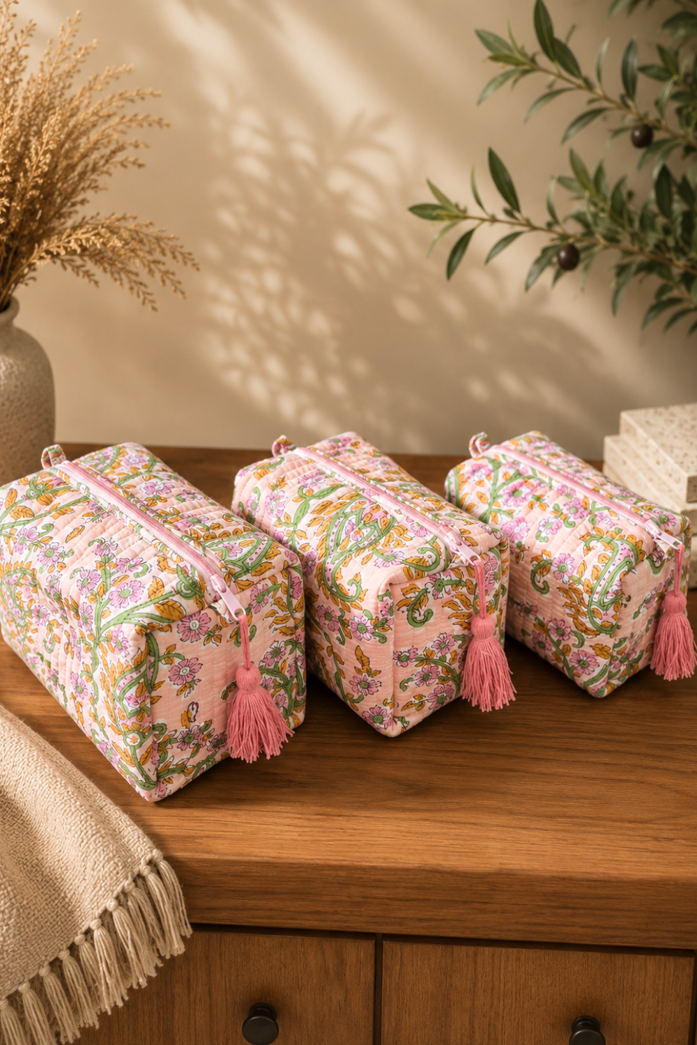 Peach Blush Quilted Cotton Travel Pouches – Set of 3