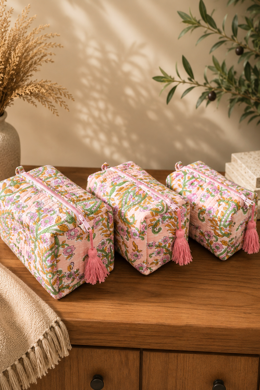 Peach Blush Quilted Cotton Travel Pouches – Set of 3