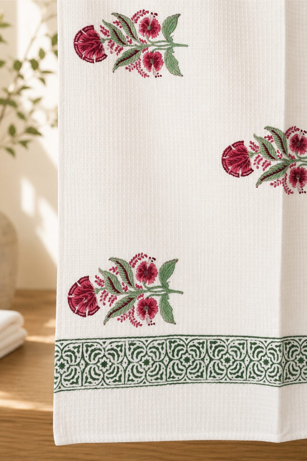 Ruby Garden Handblock Printed Waffle Cotton Bath Towel