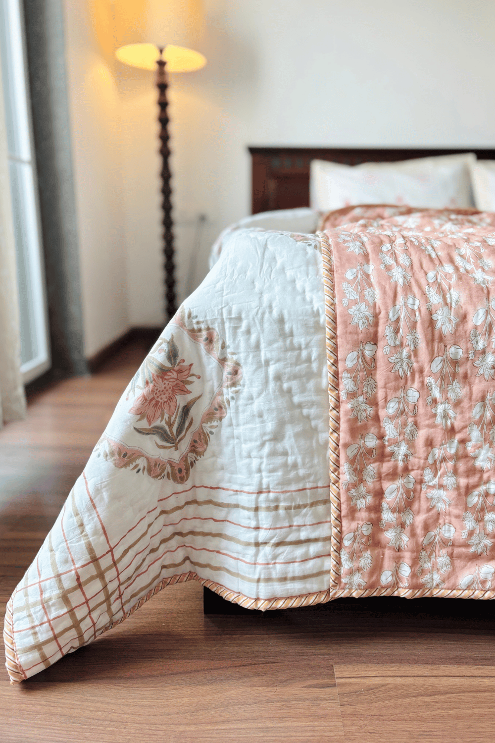 Peach Blossom Handblock Printed Reversible Mulmul Cotton Quilt Single
