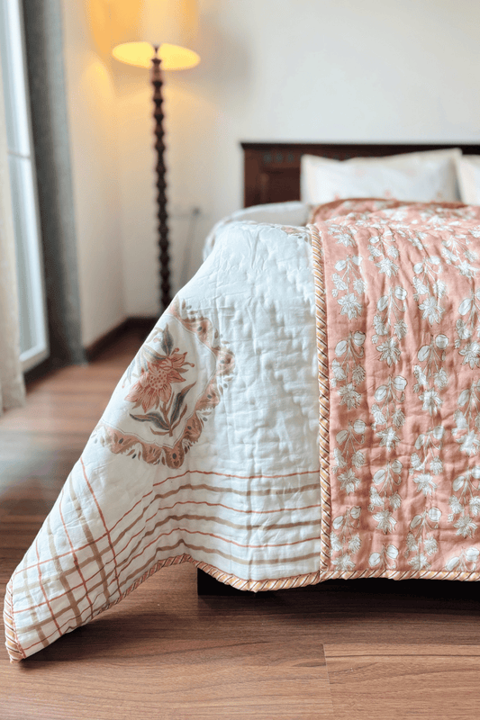 Peach Blossom Handblock Printed Reversible Mulmul Cotton Quilt Single