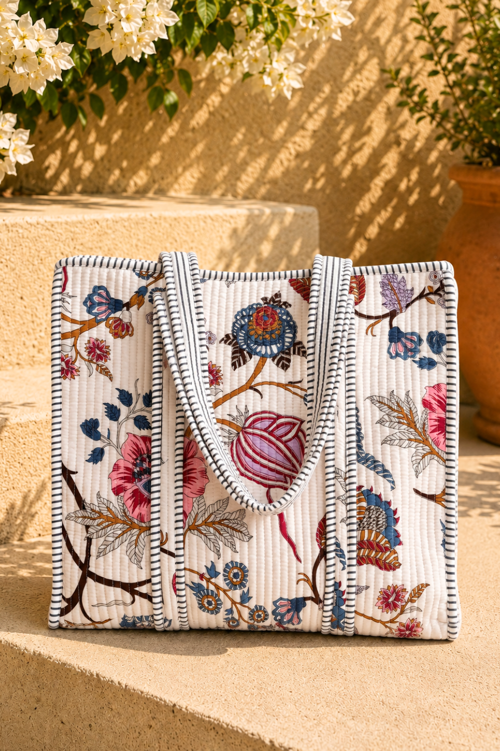 Coastal Bloom Quilted Handblock Printed Cotton Tote Bag