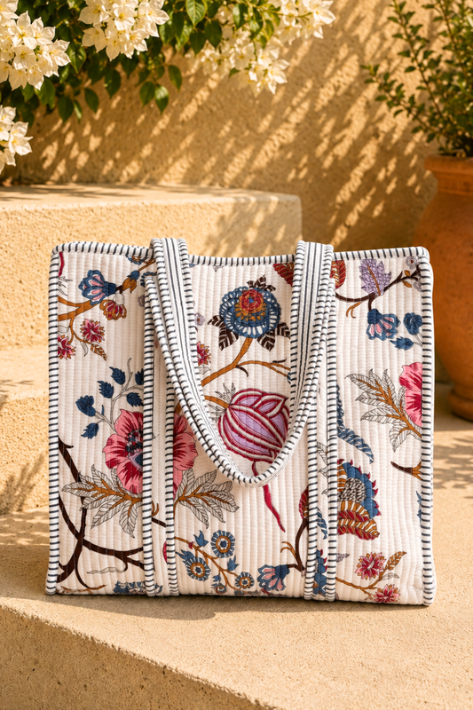 Coastal Bloom Quilted Handblock Printed Cotton Tote Bag