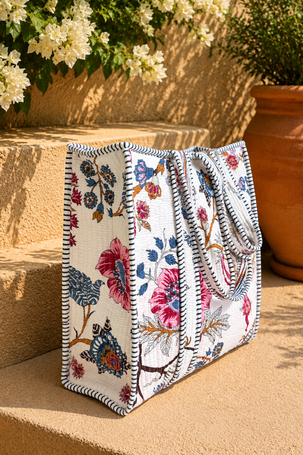 Coastal Bloom Quilted Handblock Printed Cotton Tote Bag