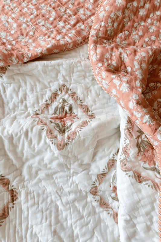Peach Blossom Handblock Printed Reversible Mulmul Cotton Quilt Single
