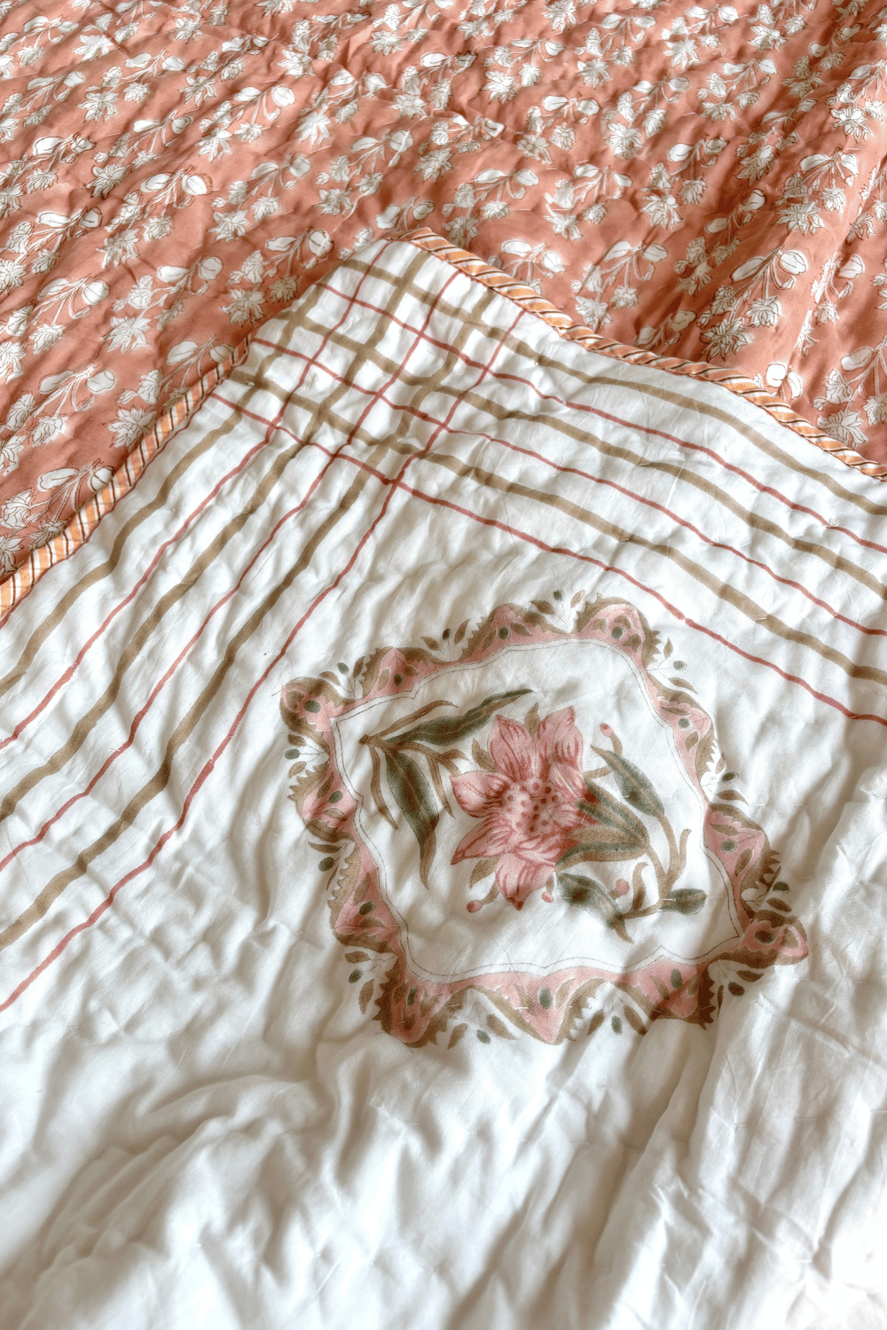Peach Blossom Handblock Printed Reversible Mulmul Cotton Quilt Single