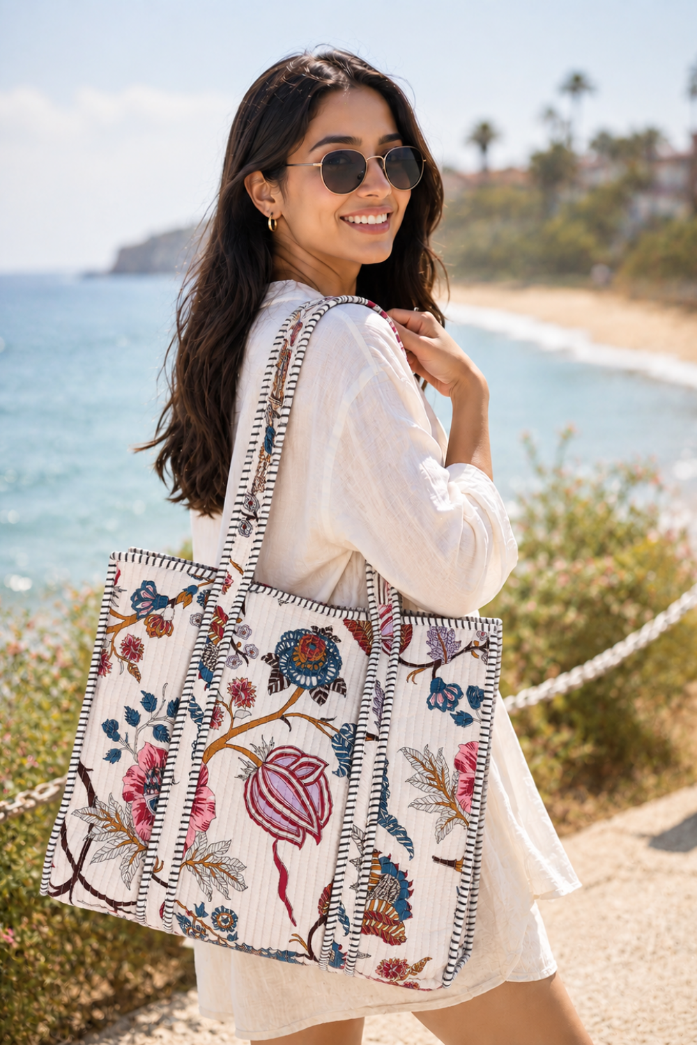 Coastal Bloom Quilted Handblock Printed Cotton Tote Bag