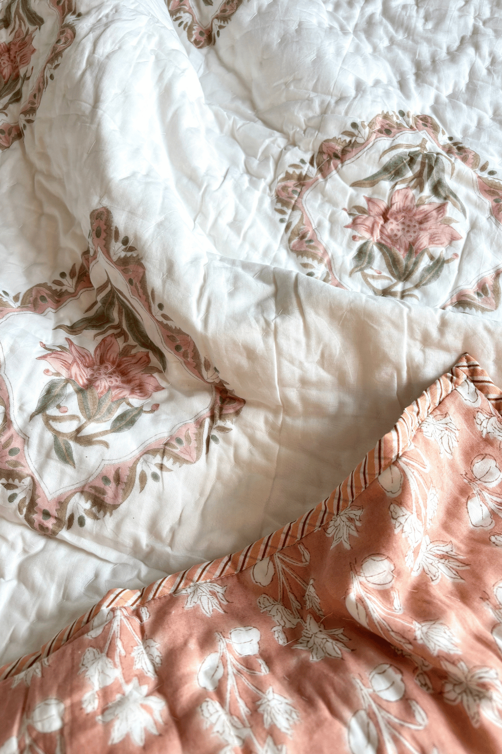 Peach Blossom Handblock Printed Reversible Mulmul Cotton Quilt Single