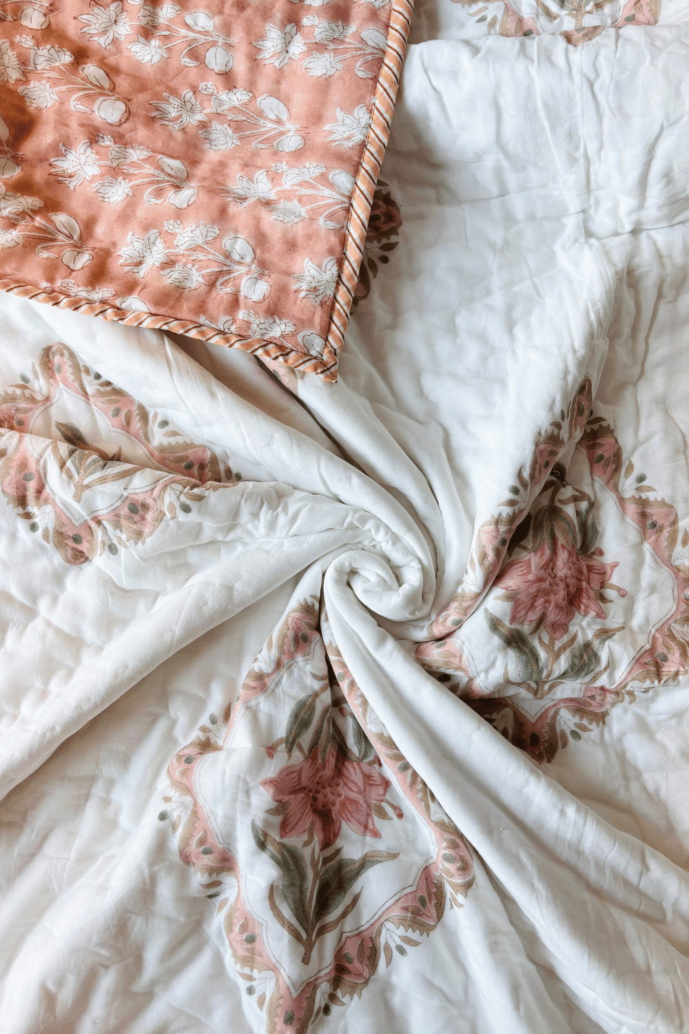 Peach Blossom Handblock Printed Reversible Mulmul Cotton Quilt Single