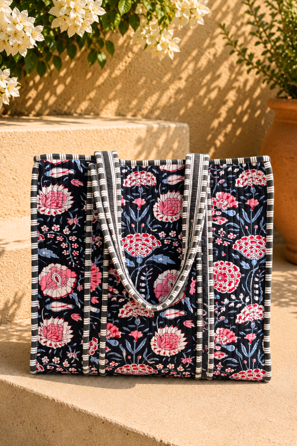 Midnight Bloom Quilted Handblock Printed Cotton Tote Bag