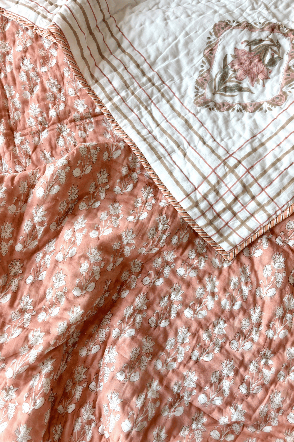 Peach Blossom Handblock Printed Reversible Mulmul Cotton Quilt Single