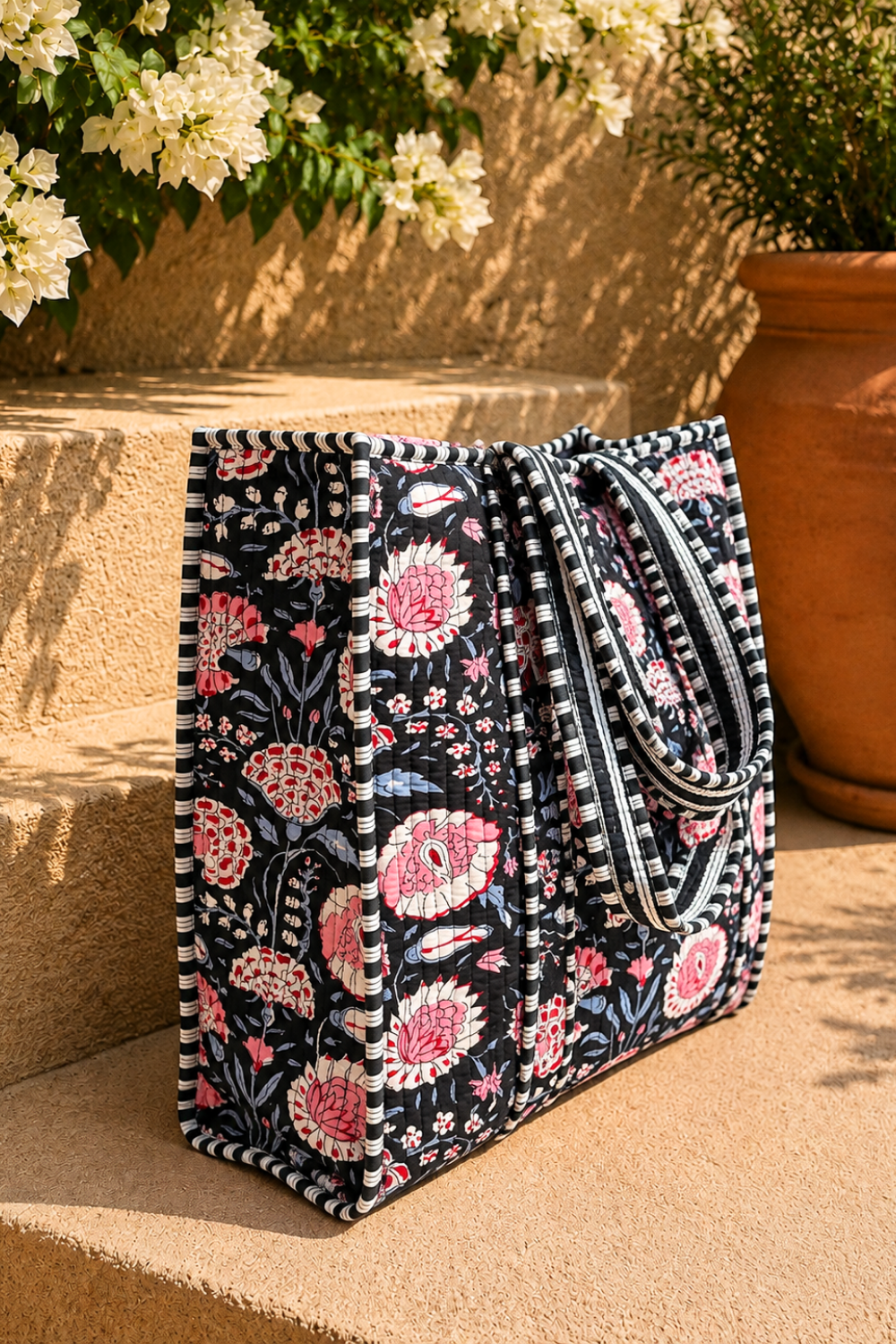 Midnight Bloom Quilted Handblock Printed Cotton Tote Bag