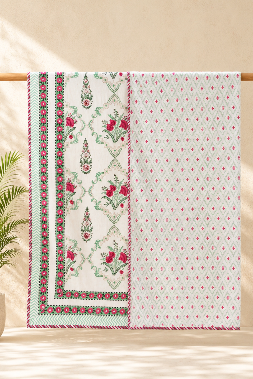 Rose Trellis Handblock Printed Reversible Mulmul Dohar