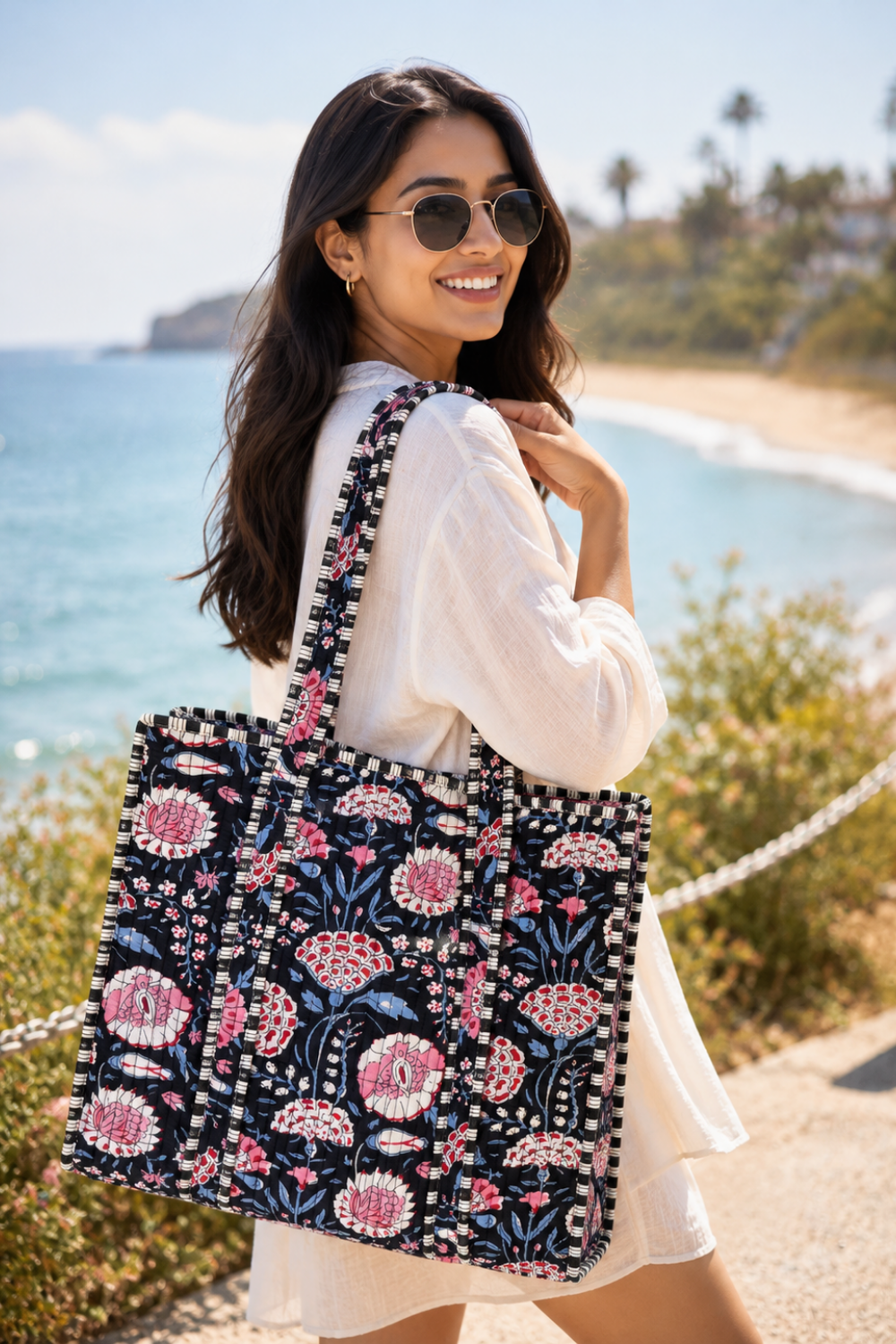 Midnight Bloom Quilted Handblock Printed Cotton Tote Bag