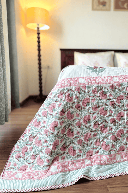 Rose Vine Handblock Printed Reversible Mulmul Cotton Quilt Single