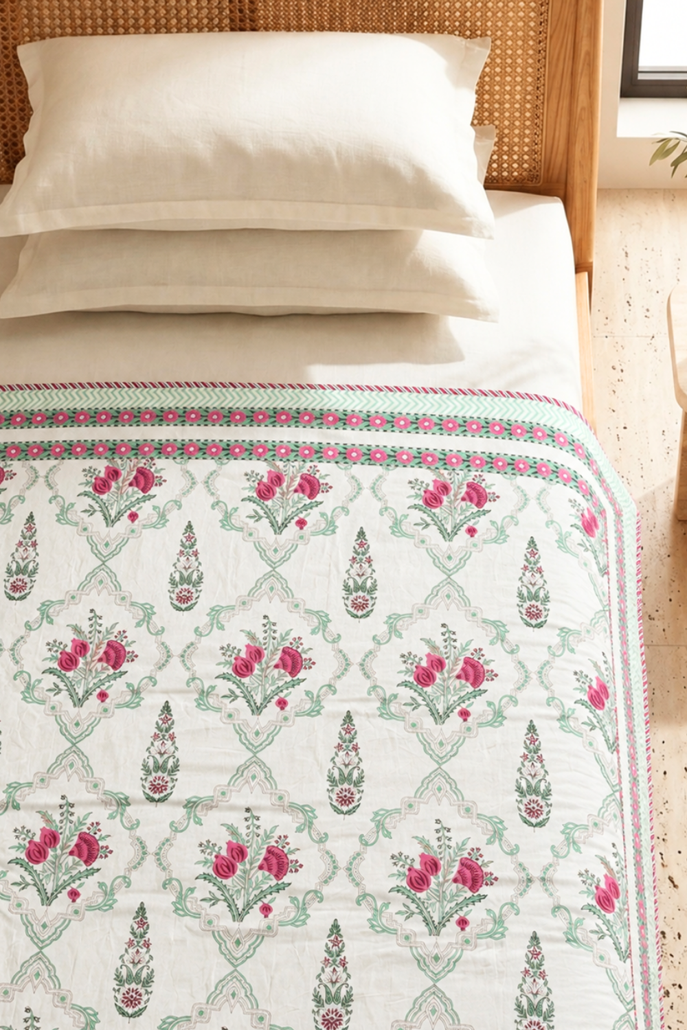 Rose Trellis Handblock Printed Reversible Mulmul Dohar