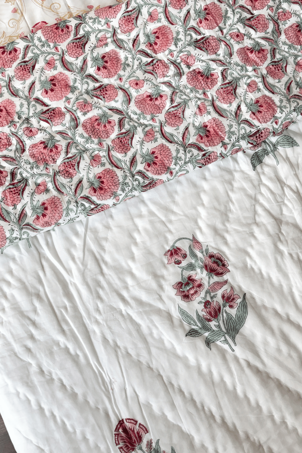 Rose Vine Handblock Printed Reversible Mulmul Cotton Quilt Single