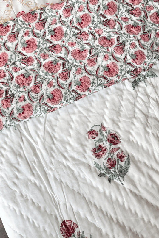 Rose Vine Handblock Printed Reversible Mulmul Cotton Quilt Single
