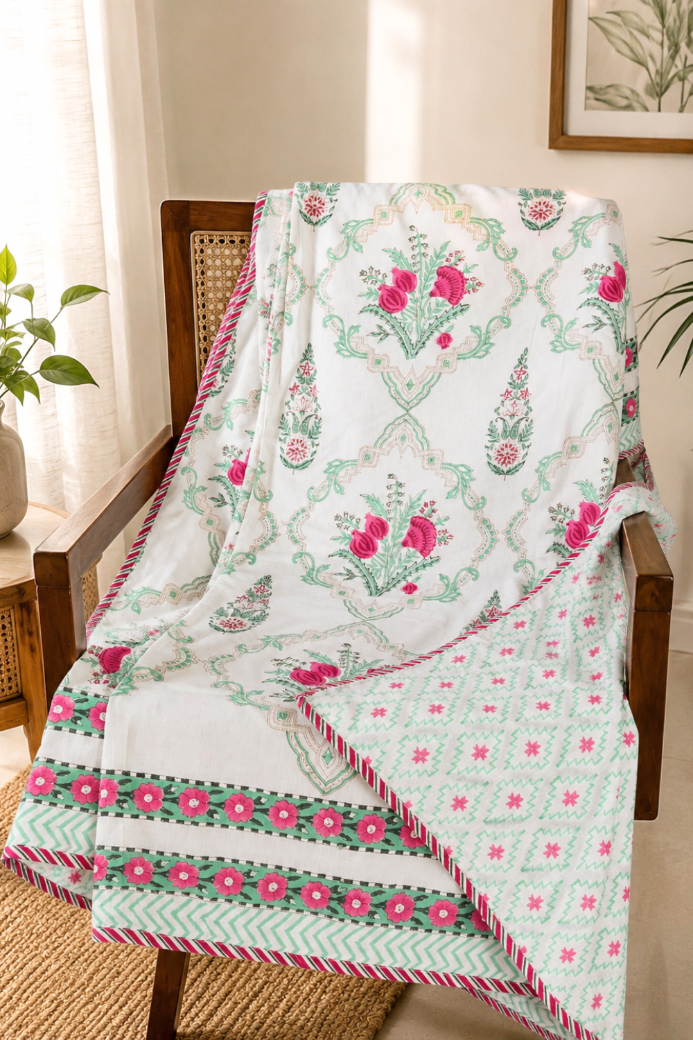 Rose Trellis Handblock Printed Reversible Mulmul Dohar