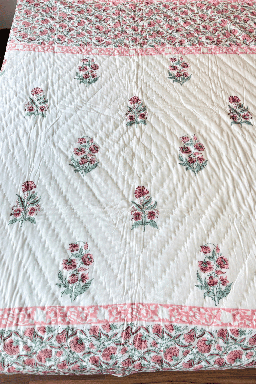 Rose Vine Handblock Printed Reversible Mulmul Cotton Quilt Single