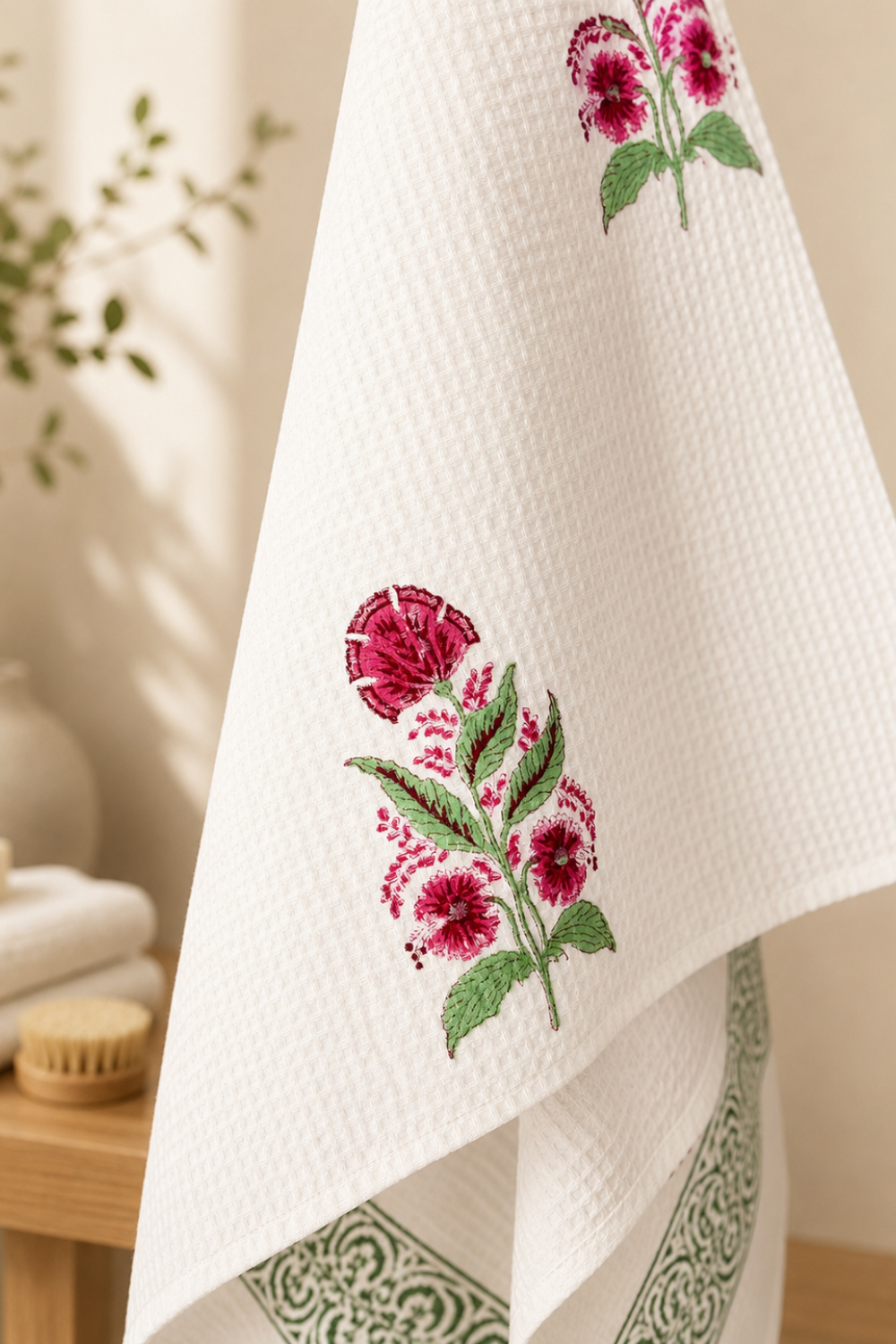 Ruby Garden Handblock Printed Waffle Cotton Bath Towel
