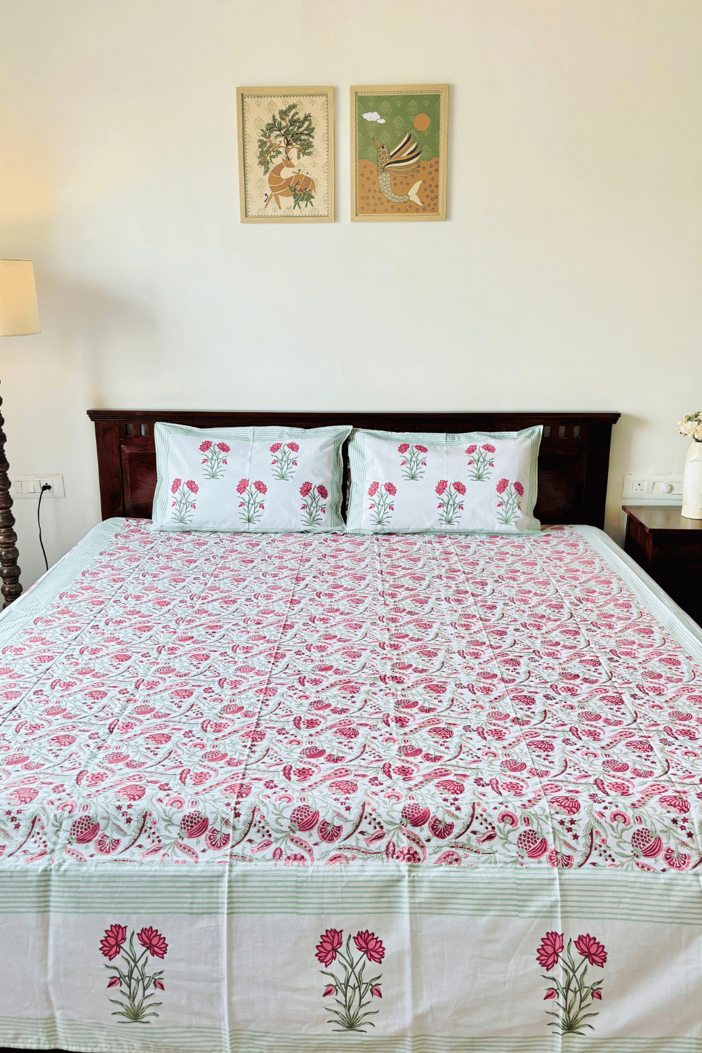 Coral Bloom Handblock Printed Percale Cotton Bedsheet
