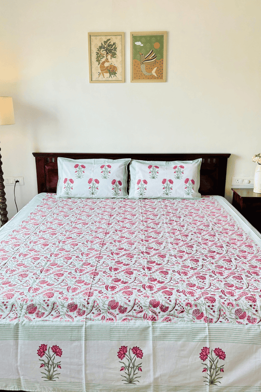 Coral Bloom Handblock Printed Percale Cotton Bedsheet