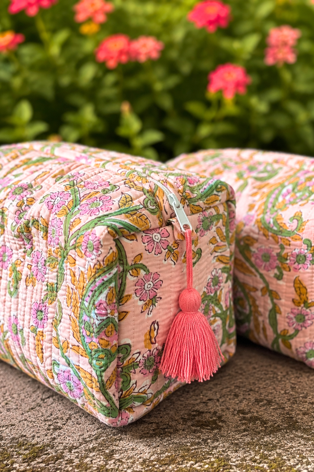 Peach Blush Quilted Cotton Travel Pouches – Set of 3