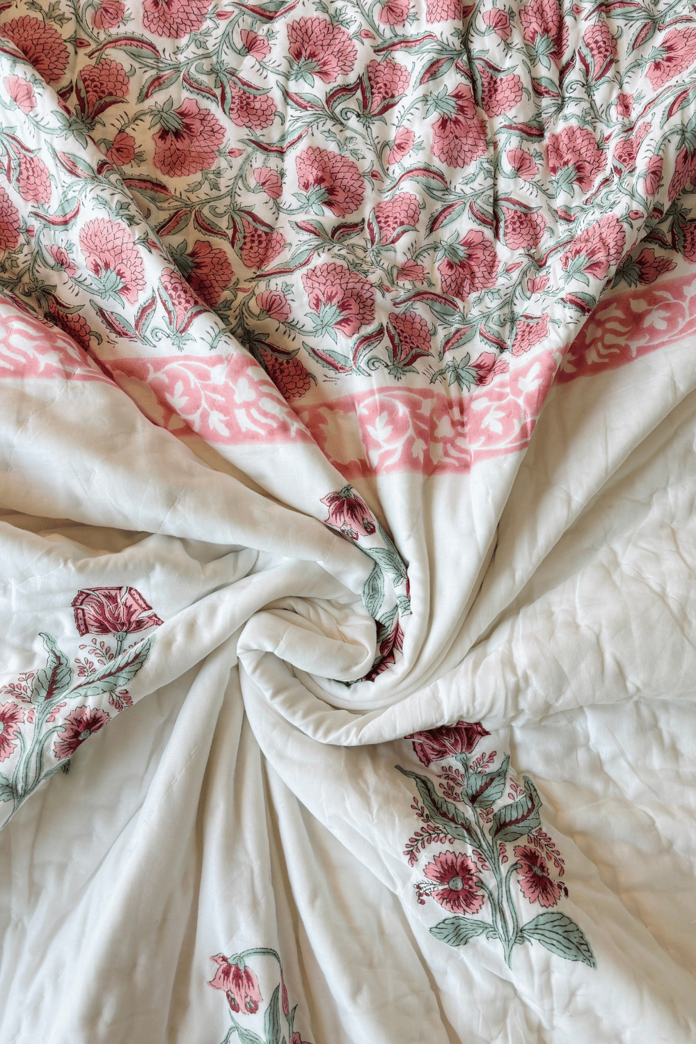 Rose Vine Handblock Printed Reversible Mulmul Cotton Quilt Single