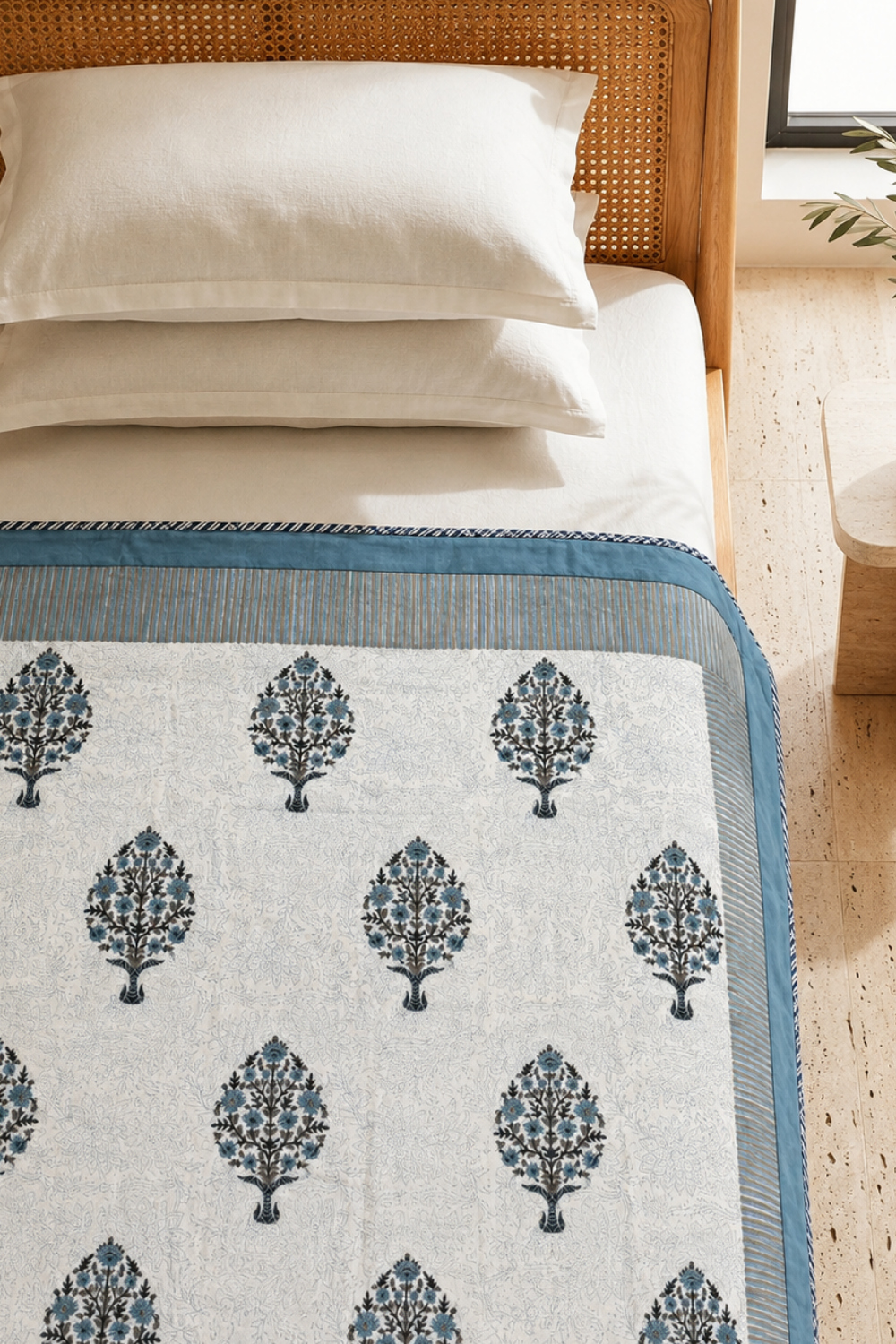 Blue Floral Tree Handblock Printed Reversible Mulmul Dohar