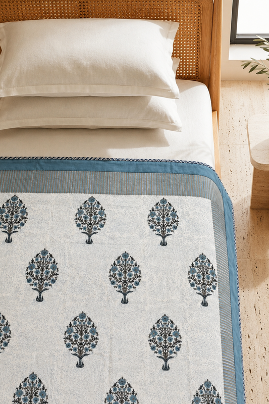 Blue Floral Tree Handblock Printed Reversible Mulmul Dohar