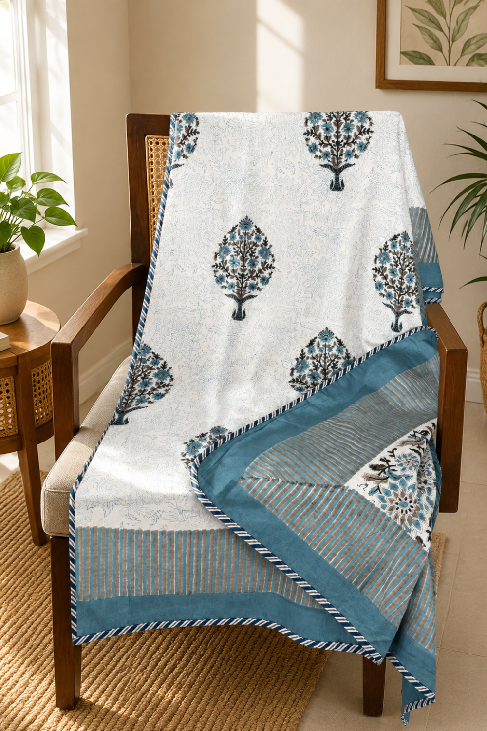 Blue Floral Tree Handblock Printed Reversible Mulmul Dohar