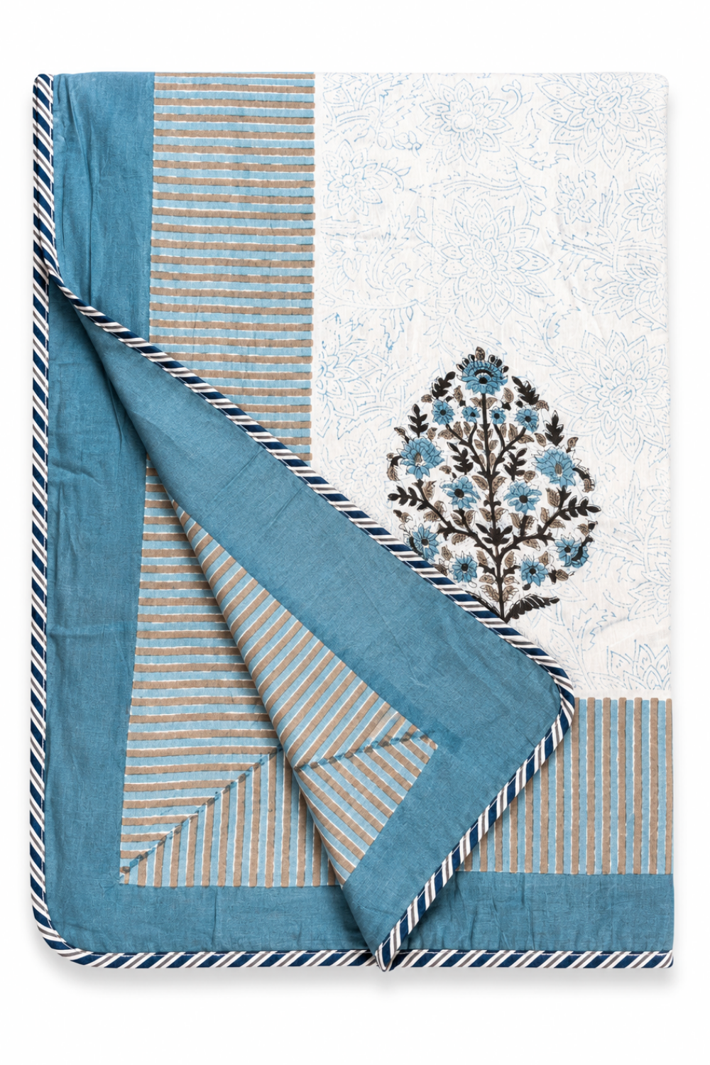 Blue Floral Tree Handblock Printed Reversible Mulmul Dohar