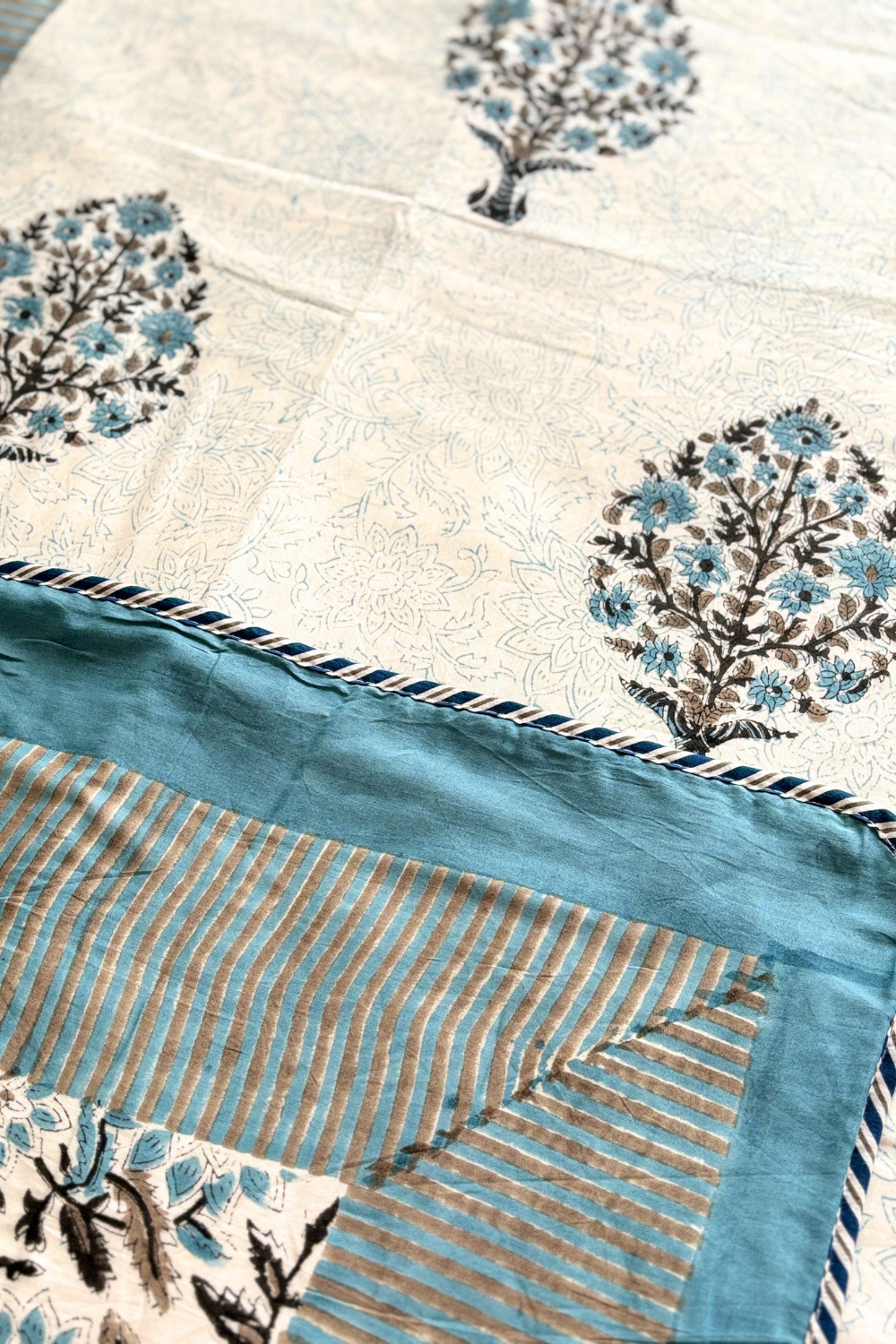 Blue Floral Tree Handblock Printed Reversible Mulmul Dohar