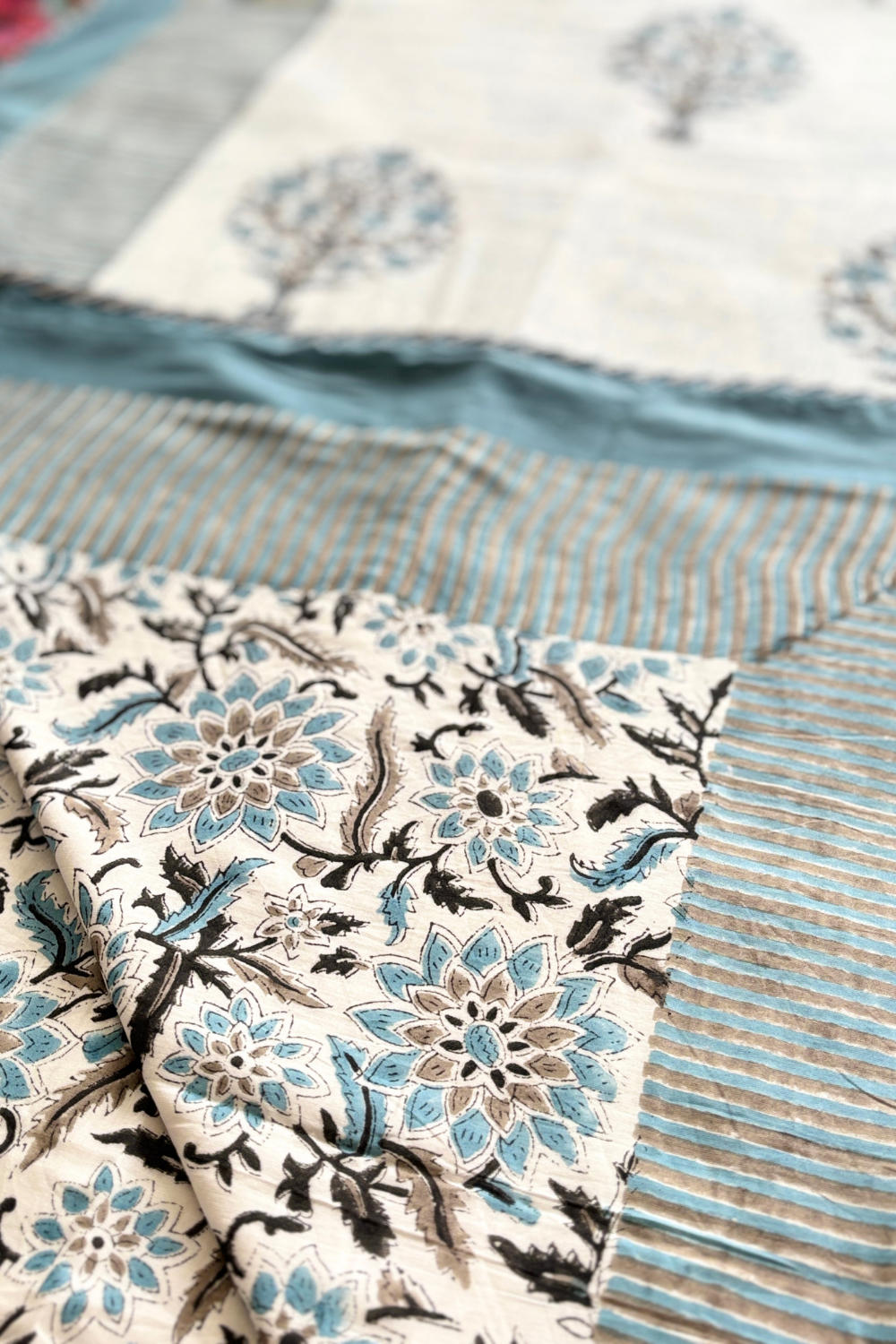 Blue Floral Tree Handblock Printed Reversible Mulmul Dohar