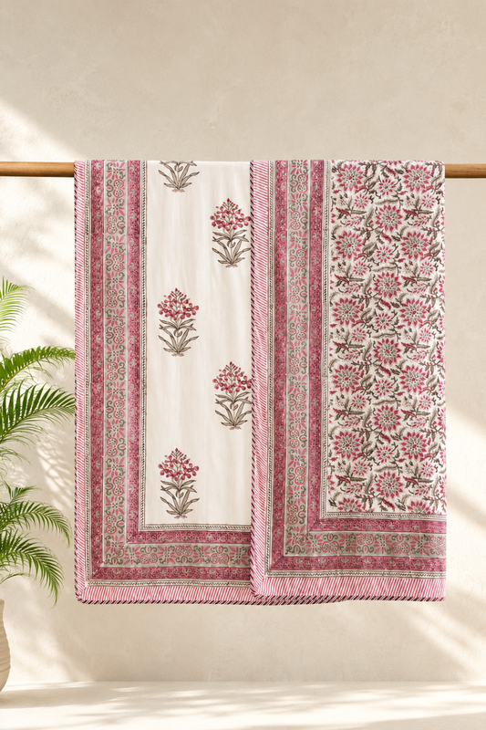 Blush Bouquet Handblock Printed Reversible Mulmul Dohar