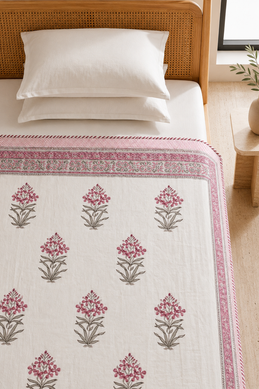 Blush Bouquet Handblock Printed Reversible Mulmul Dohar