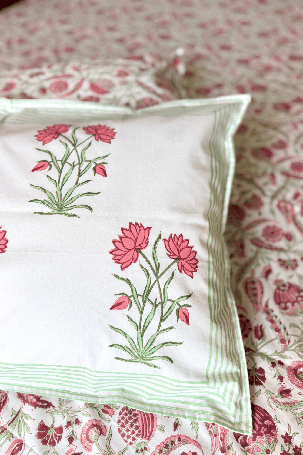 Coral Bloom Handblock Printed Percale Cotton Bedsheet