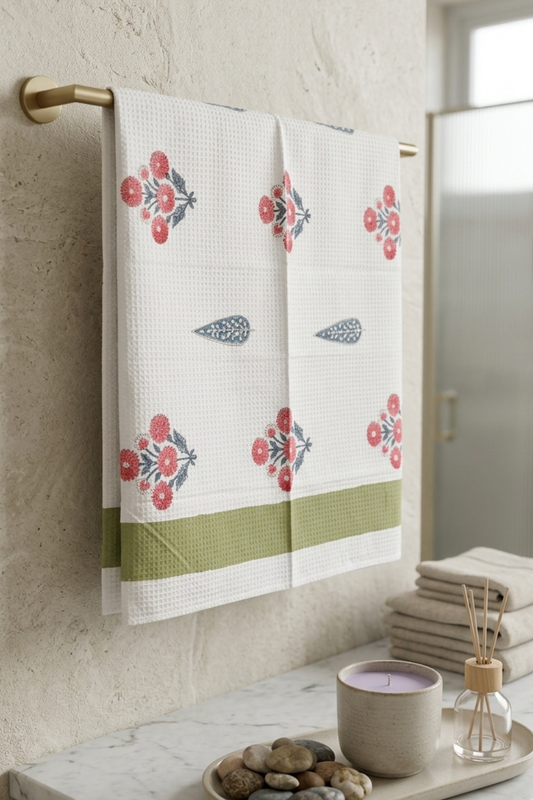 Scarlet Blossom Handblock Printed Waffle Cotton Bath Towel