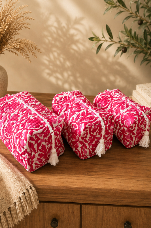 Pink Abstract Quilted Cotton Travel Pouches – Set of 3