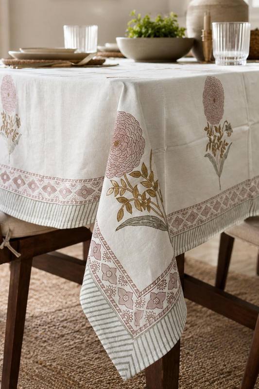 Dusty Bloom Handblock Printed Cotton Canvas Table Cloth - 6 Seater