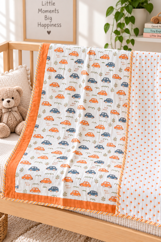 Happy Wheels Handblock Printed Reversible Mulmul Kids Dohar