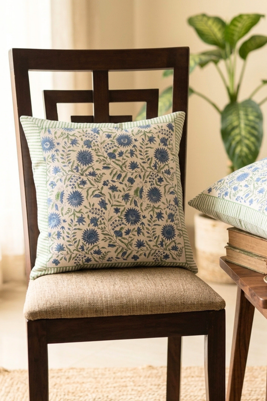 Azure Meadow Hand Block Printed Slub Cotton Cushion Cover- Single piece